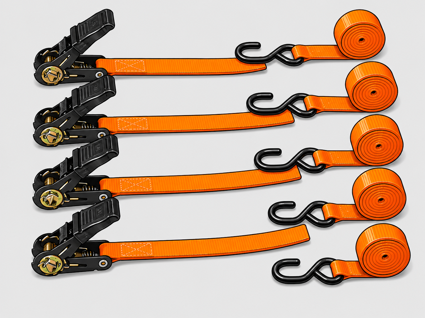 Orange heavy duty ratchet straps for securing cargo